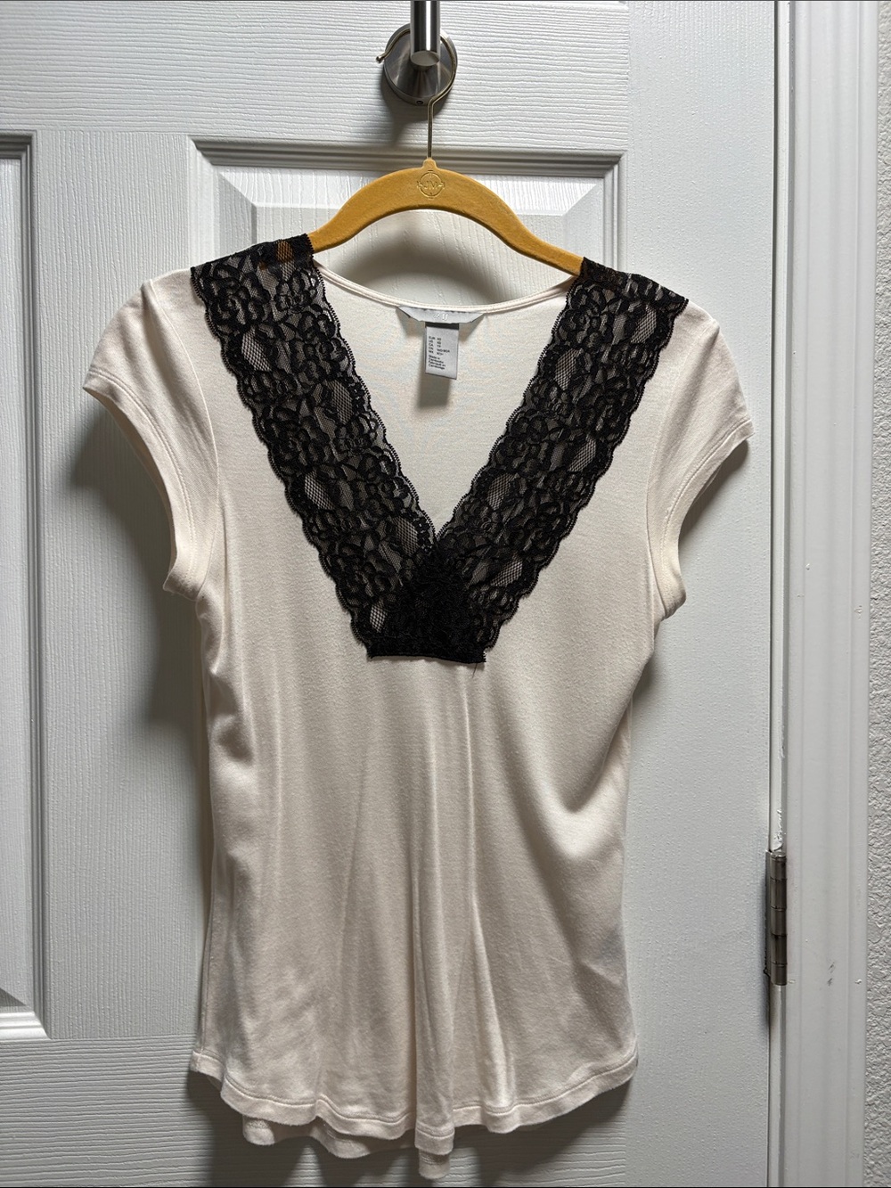 H&M Cream Chemise Top with Black Lace V-Neck